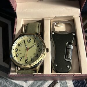 Man’s watch w multi- tool bottle opener, flashlight and knife